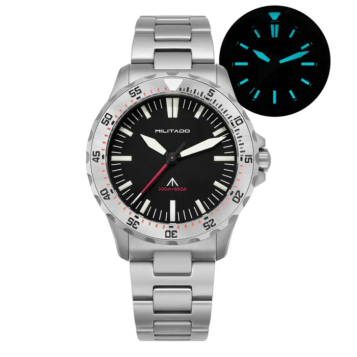 Montre de plongée à quartz Militado ML16 39 mm, verre saphir, résistance à l'eau 200 m, lunette en céramique, luminescence BGW9, couronne à visser
