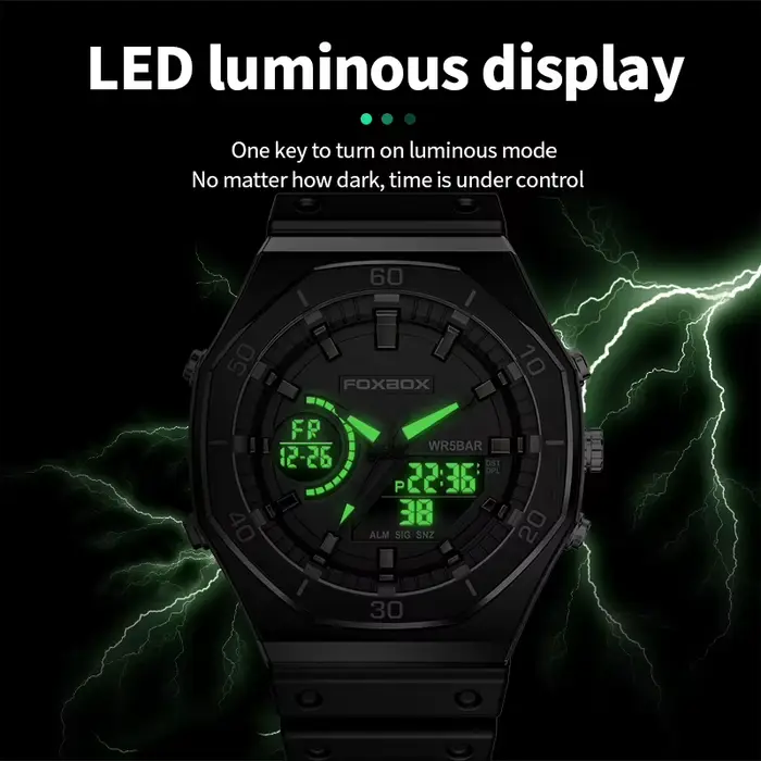 FOXBOX – montre de sport noire à double affichage pour hommes
