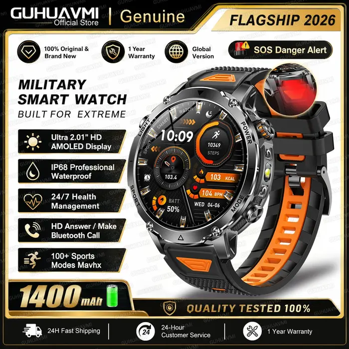 Nouvelle Montre Connectée Militaire 2026 avec GPS Intégré, Batterie 1400 mAh, Sportive, Écran AMOLED 1,7'', Étanche IP68, LED Blanc Rouge, SOS, pour Hommes