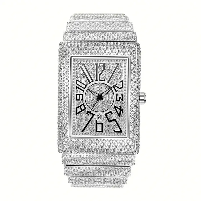 Montre de luxe en diamant doré et argenté pour hommes, montres-bracelets à quartz, Hip Hop Date, horloge masculine, marque supérieure