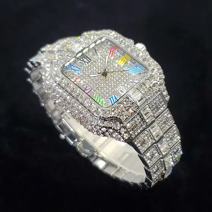 Montre en diamant de luxe pour hommes, montres numérotées colorées carrées glacées, bijoux Hip Hop B