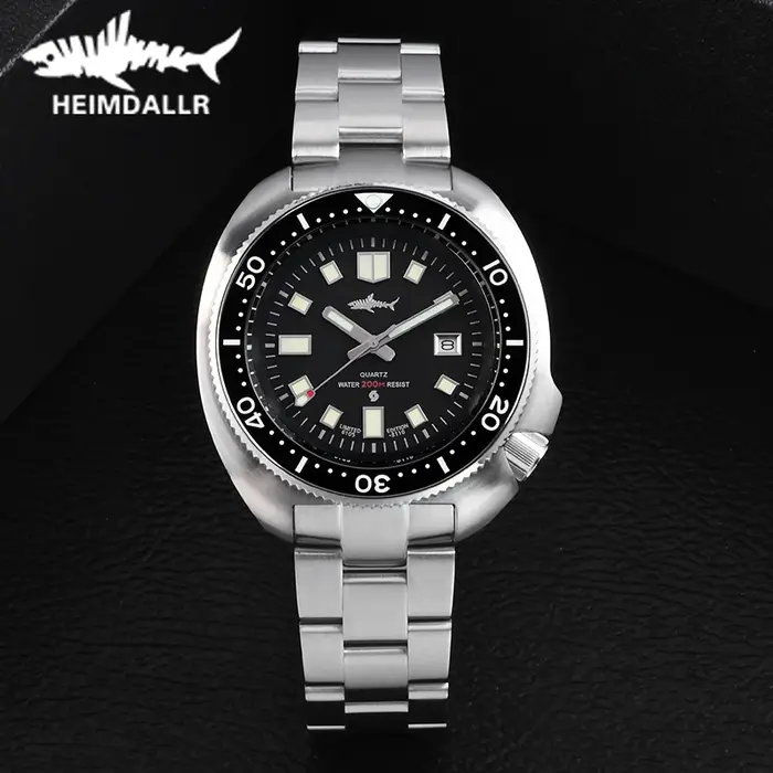 Montre de plongée rétro pour homme HEIMDALLR, bracelet en acier/caoutchouc, étanche 20 bars, lunette en céramique luminescente C3, verre saphir, mouvement à quartz 2115.