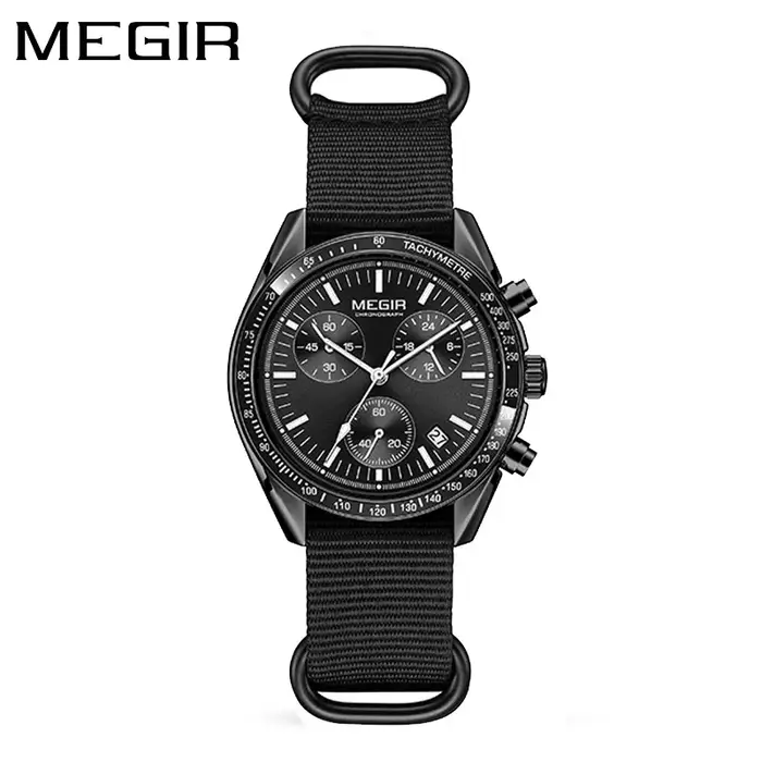 MEGIR 2247 Sport nouvelle montre noire chronographe décontracté vie tissage bracelet Quartz étanche montre-bracelet pour homme