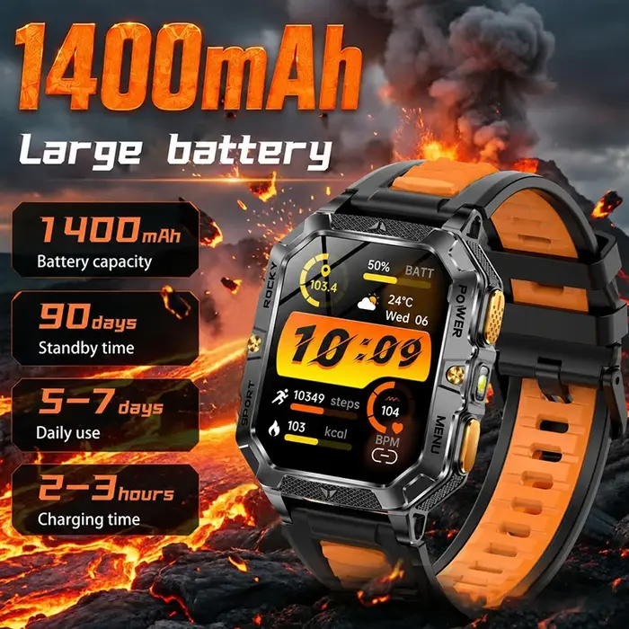 Montre connectée d'extérieur avec écran HD de 2,01 pouces, batterie de 1400 mAh, étanche IPX8, plus de 120 modes sportifs, appels BT5.3, lampe de poche LED, moniteur de santé.