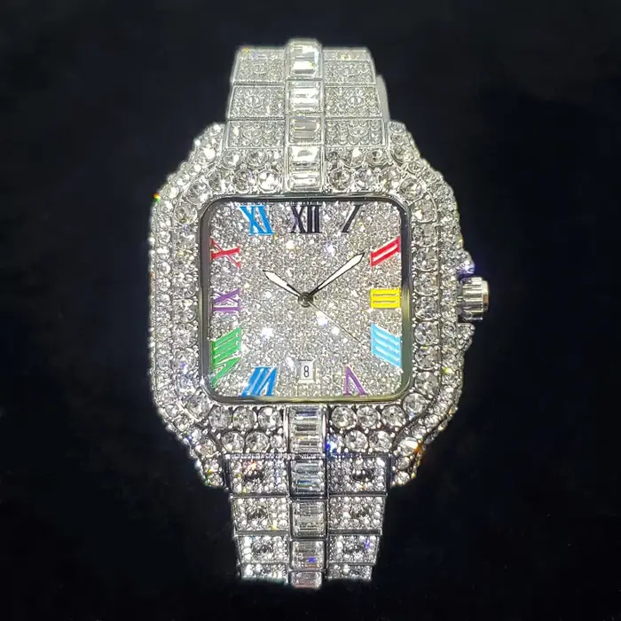 Montre en diamant de luxe pour hommes, montres numérotées colorées carrées glacées, bijoux Hip Hop B