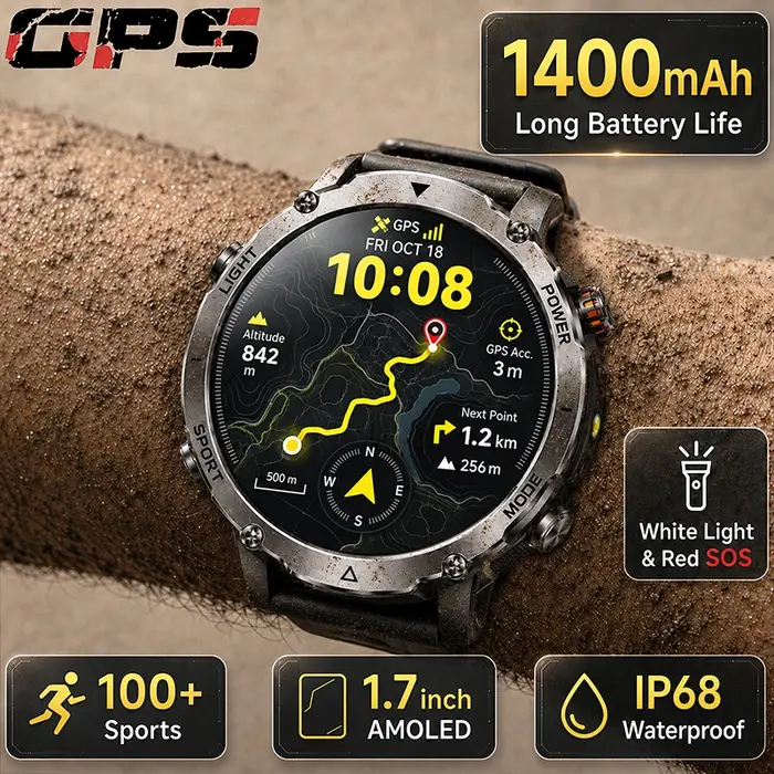 Nouvelle Montre Connectée Militaire 2026 avec GPS Intégré, Batterie 1400 mAh, Sportive, Écran AMOLED 1,7'', Étanche IP68, LED Blanc Rouge, SOS, pour Hommes