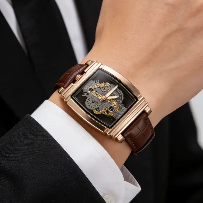 Montre de luxe carrée à quartz pour homme - Design rétro ajouré