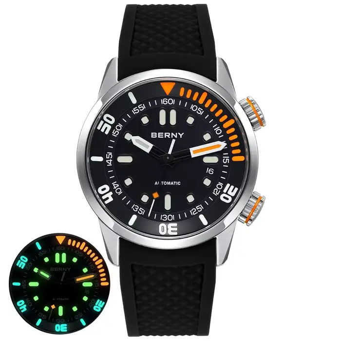 Montre de plongée automatique BERNY pour hommes, super lumineuse, 20 ATM, montre-bracelet de plongée
