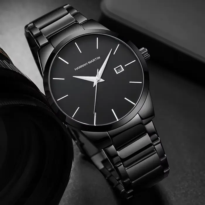 Hannah Martin montre en acier inoxydable pour hommes mode affaires Style noir Style minimaliste 3Bar