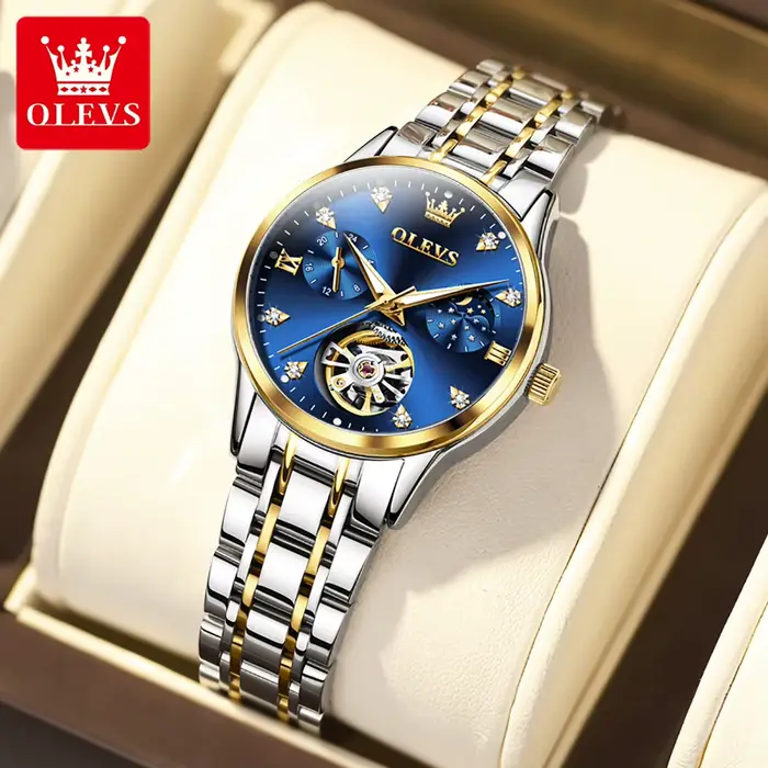 OLEVS-Montre-bracelet d'affaires mécanique automatique pour femme, étanche, acier inoxydable, module