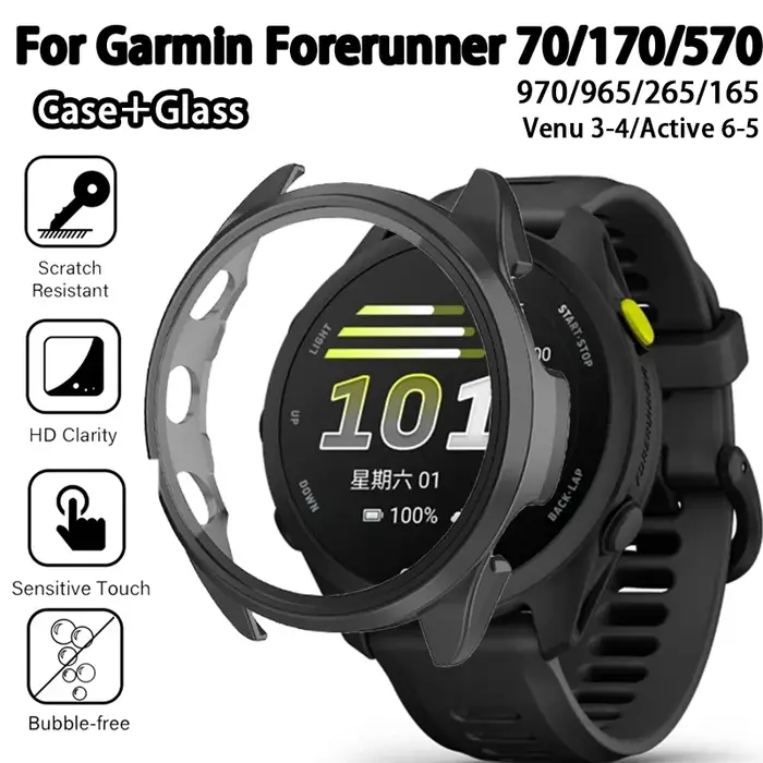 Boîtier PC + verre trempé HD pour Garmin Forerunner 70/170/570/970/965/265/165, coque de protection pour Garmin Active 6-5/Venu 3-4