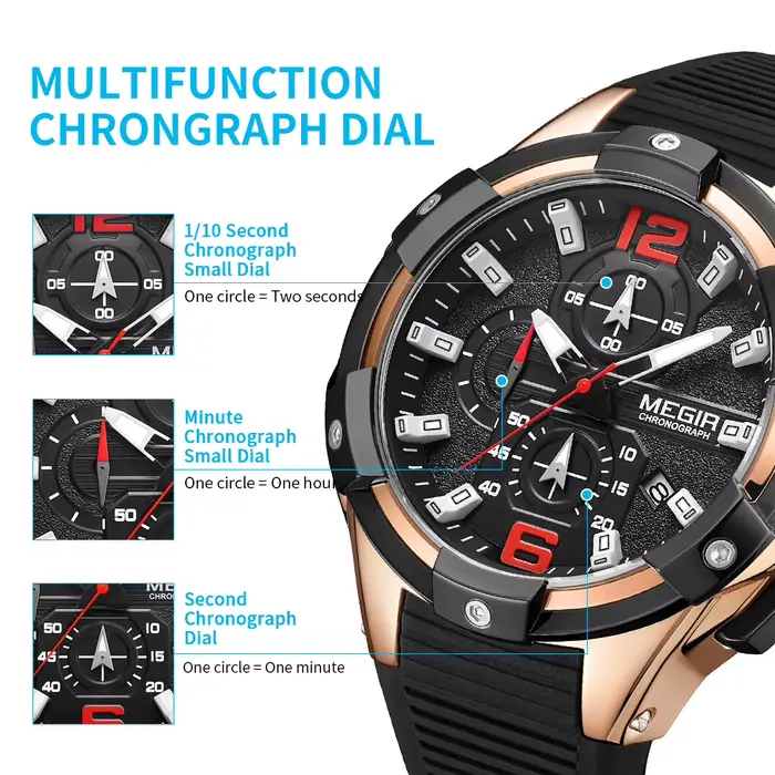 MEGIR 47MM cadran Sport montres pour hommes mode Quartz montre-bracelet étanche bracelet en Silicone mâle chronographe horloge Montre Homme