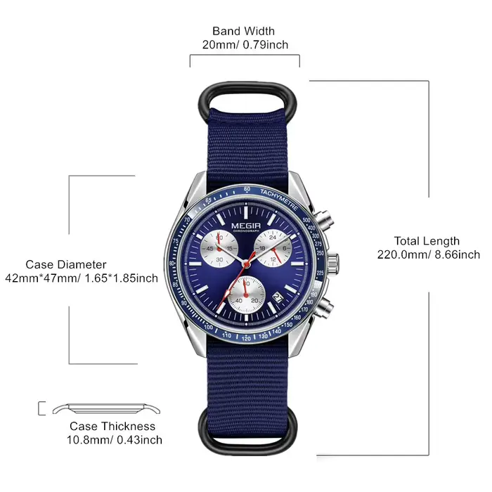 MEGIR montres à Quartz de luxe pour hommes bracelet en toile bleue Sport loisirs chronographe lumineux étanche mâle montre-bracelet horloge 2247