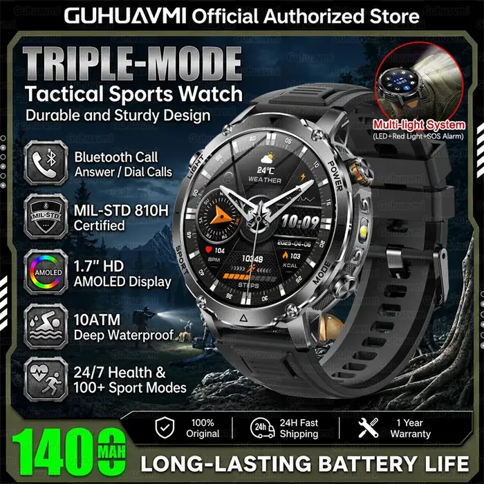 Montre connectée de qualité militaire TANK, batterie 1400mAh, étanche 10ATM, sport de plein air, ala