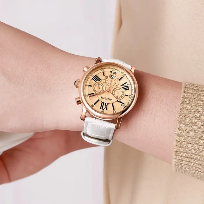 MEGIR femmes montres de luxe Quartz chronographe bracelet en cuir dames sport montre-bracelet femme robe horloge 24 heures Reloj Mujer 2058