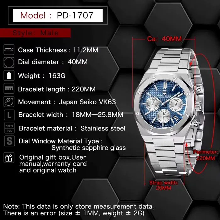 2025 PAGANI DESIGN PD1707 montres à Quartz pour hommes 40MM en acier inoxydable verre saphir étanche horloge de luxe cadeau Reloj Hombre