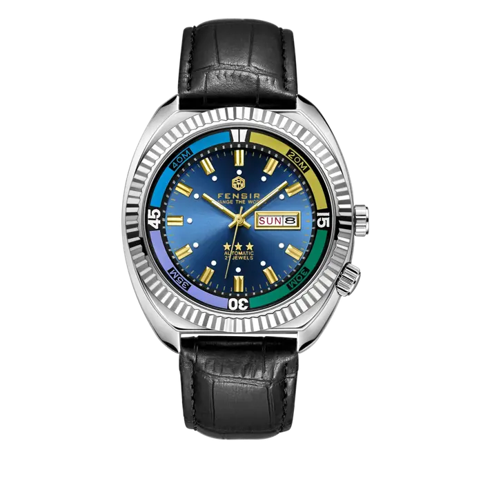 Montre à quartz pour homme - Boîtier en acier inoxydable, boîtier couleur arc-en-ciel, affichage de 