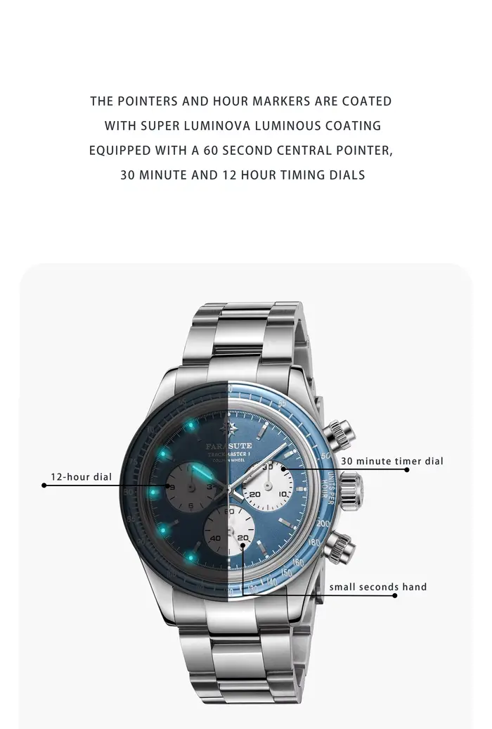 FARASUTE hommes montre automatique chronographe rétro mécanique montre-bracelet saphir 100M étanche