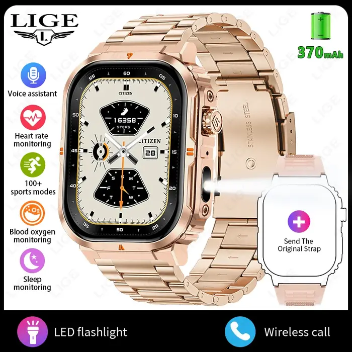 LIGE nouveau sport montre intelligente 2.01 "HD faire réponse appel Assistant vocal lampe de poche en plein air 370mAh batterie Smartwatch pour hommes femmes