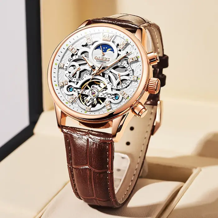 OLEVS – montre-bracelet mécanique automatique pour hommes, bracelet en cuir, étanche, nouvelle colle