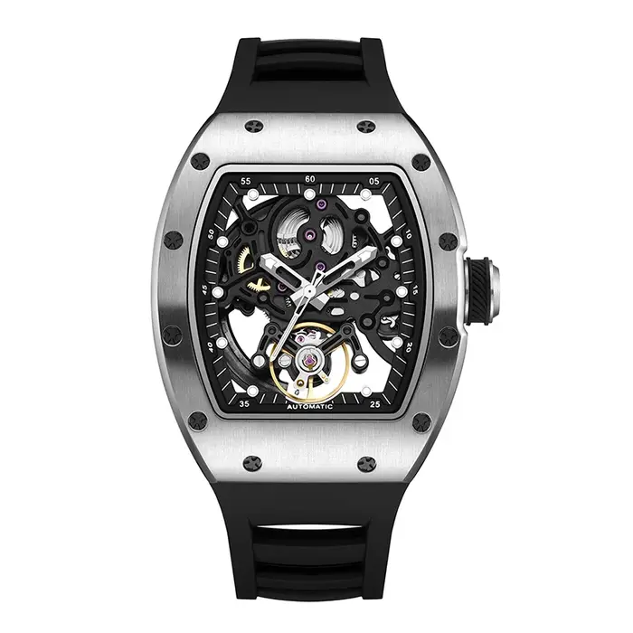 Montre mécanique automatique haut de gamme DG étanche avec bracelet en silicone véritable et fond tr