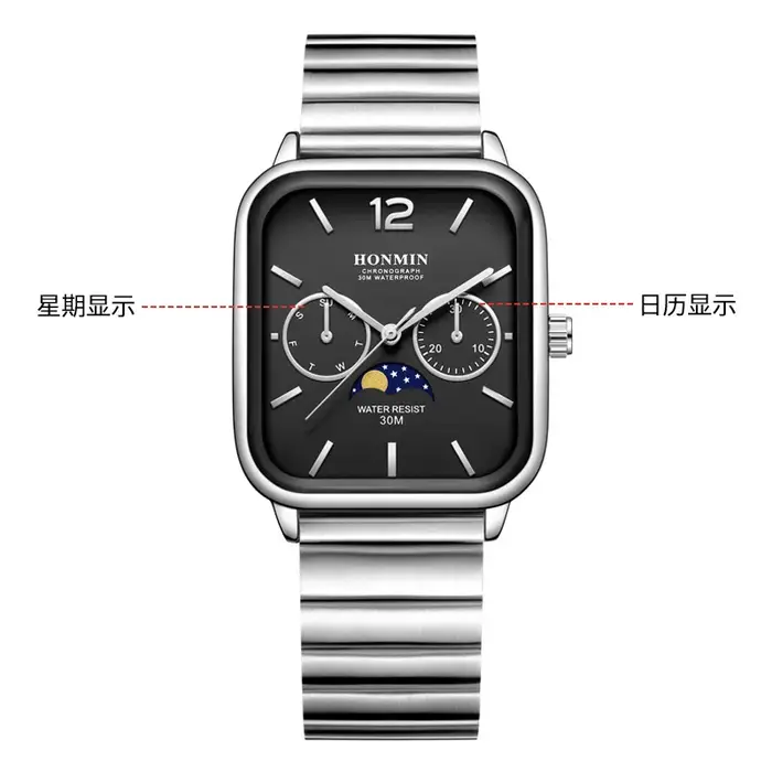 Montre multifonction carrée de petite taille avec phases de lune, montre pour homme et femme, étanch