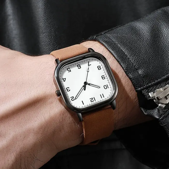 Mode hommes montres d'affaires Simple carré arabe montre à Quartz bracelet en cuir
