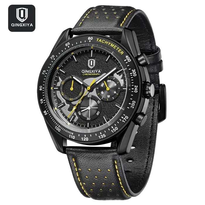QINGXIYA haute qualité hommes Sport montre à Quartz haut de gamme de luxe chronographe horloge mâle en cuir militaire