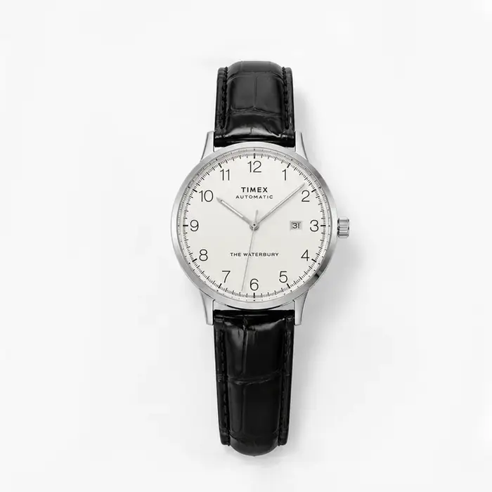 Montre automatique vintage Timex pour homme, cadran blanc épuré, bracelet en cuir noir gaufré, fond de boîtier transparent, montre-bracelet automatique