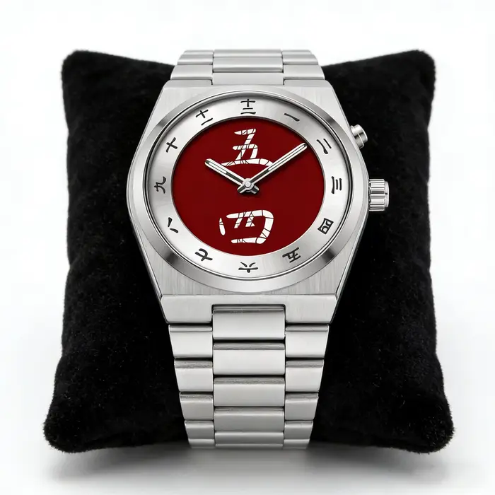 Montre à cadran avec caractères chinois pour homme - Montre-bracelet à quartz vintage avec bracelet en acier inoxydable