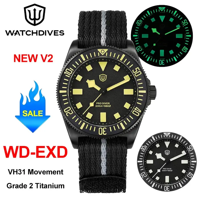Watchdives EXD V2 montre à Quartz Grade 2 titane VH31 mouvement de balayage