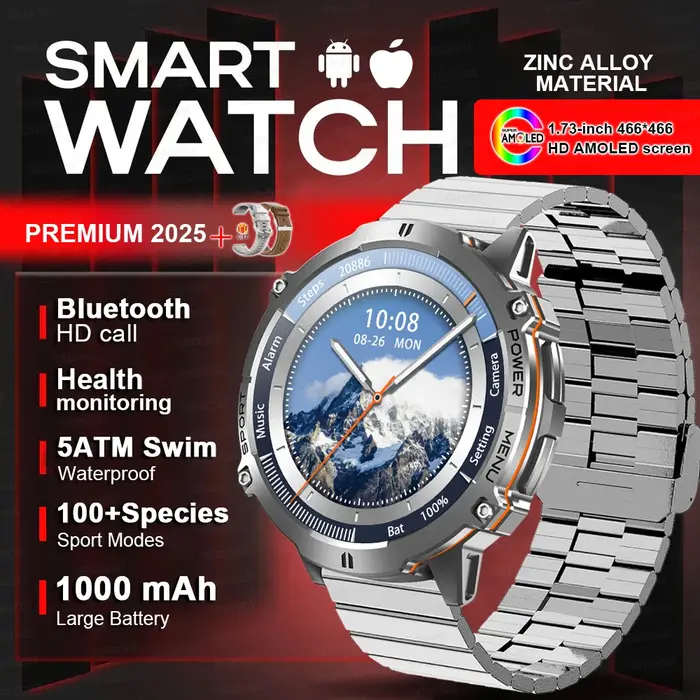 2025 nouveau 100M étanche natation montre intelligente pour hommes 1.73 ''AMOLED écran GPS positionnement Bluetooth appel sport Bracelet intelligent