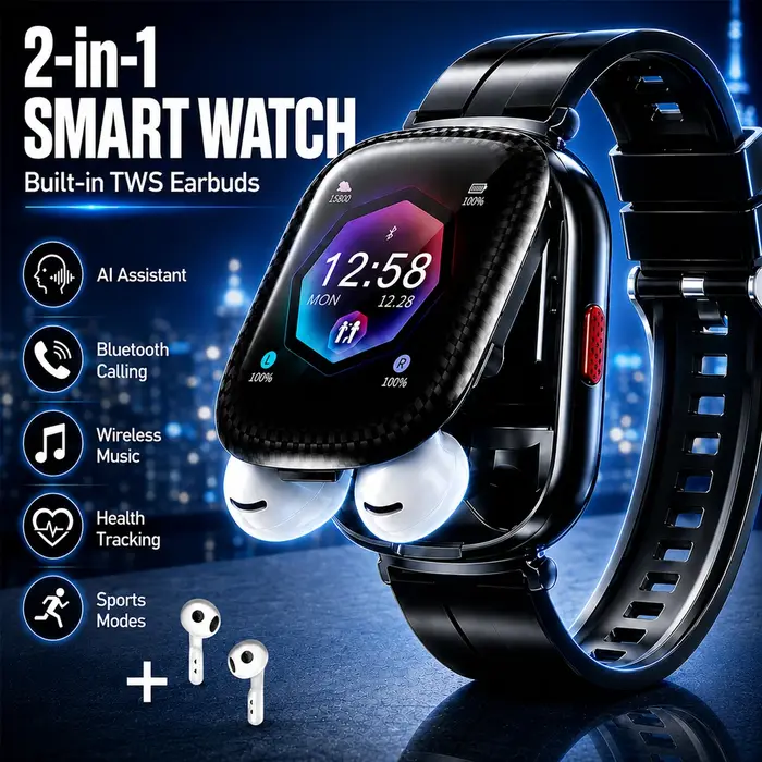 Montre connectée 2026 avec écouteurs sans fil 2-en-1, appels Bluetooth, assistant vocal IA, lecture de musique, suivi d'activité physique, compatible Android et iOS