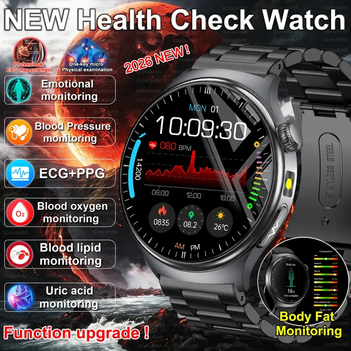 Nouvelle montre connectée 2026 améliorée avec fonctions de contrôle de santé : ECG