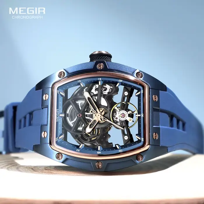 MEGIR 2242 montre automatique bleue pour hommes Sport montre-bracelet mécanique étanche en acier inoxydable avec bracelet en Silicone cadran squelette