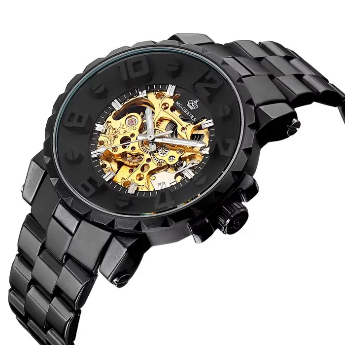 ORKINA montres pour hommes de luxe haut de gamme en acier inoxydable noir 3ATM étanche automatique auto-vent squelette
