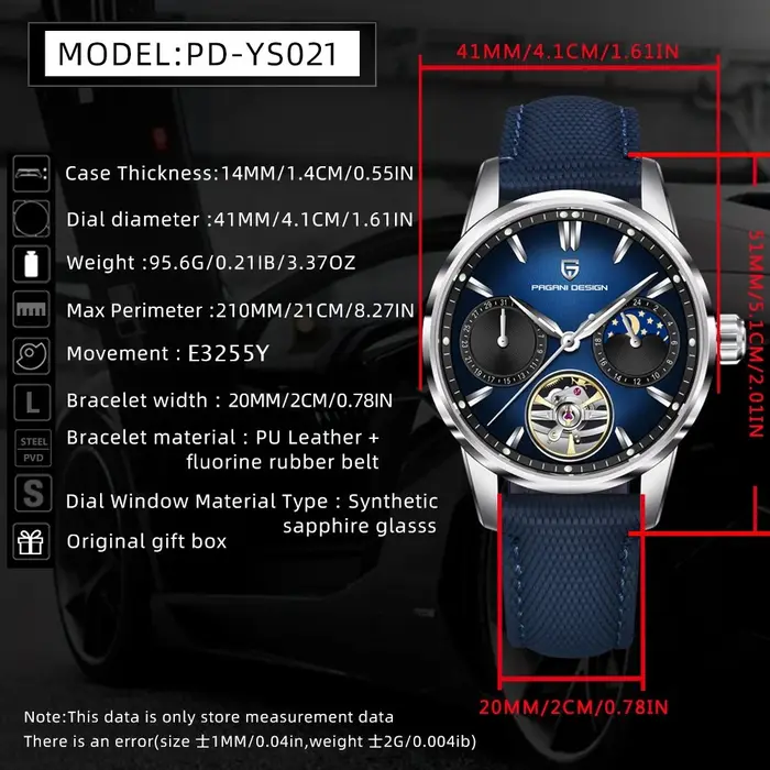 Nouvelle montre Pagani Design PDYS021 2026 pour hommes, sport et loisirs, entièrement automatique, tourbillon, cadran bleu, étanche, montre cadeau.