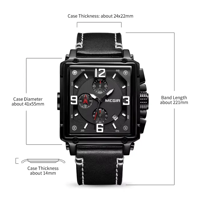 MEGIR Original mode carré montres à Quartz hommes sport militaire Montre-bracelet calendrier étanche chronographe mâle Montre Homme