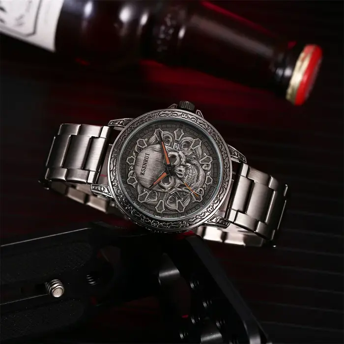 Cool hommes montre crâne visage conception mode acier bracelet en cuir rétro