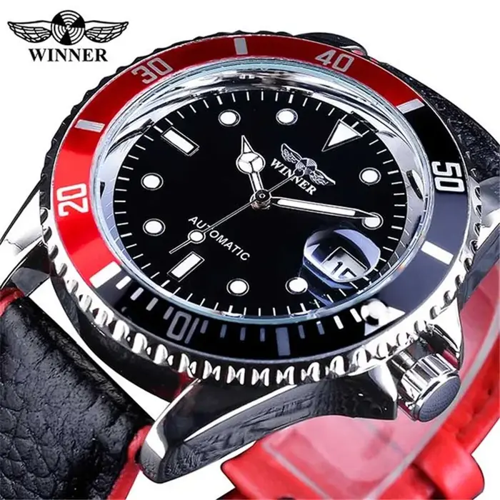 WINNER 002 montre-bracelet mécanique automatique pour hommes aiguilles lumineuses Date mode acier inoxydable et bracelet en cuir horloge cadeaux