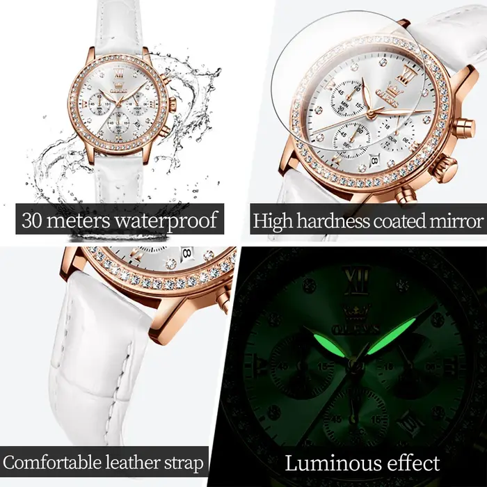 OLEVS 9933 montres pour femmes marque de luxe diamant Quartz montre-bracelet étanche lumineux bracelet en cuir multifonction dames montre