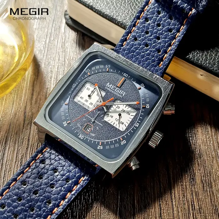 Montre MEGIR à cadran carré bleu pour homme