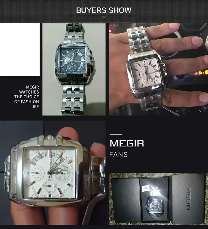 MEGIR Original luxe hommes montre en acier inoxydable