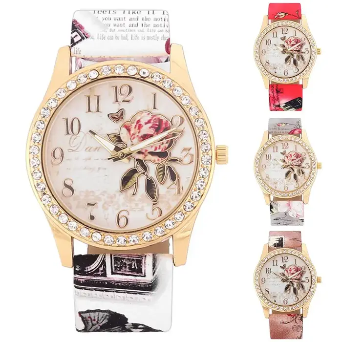 Mode dames montres femmes imprimé fleur montre de luxe Quartz décontracté en cuir montre-bracelet