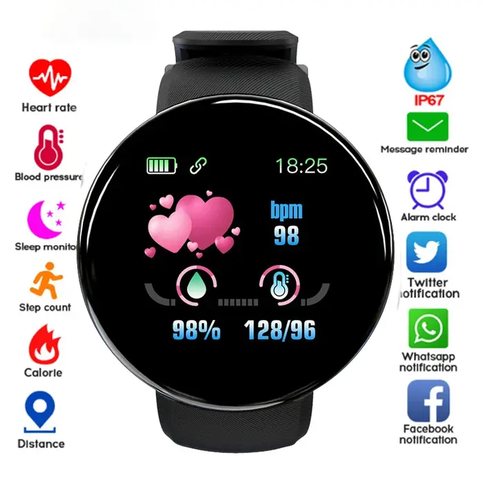 Nouvelle montre intelligente hommes femmes Bracelet Intelligent LED D18 Smartwatch étanche Smart écran tactile