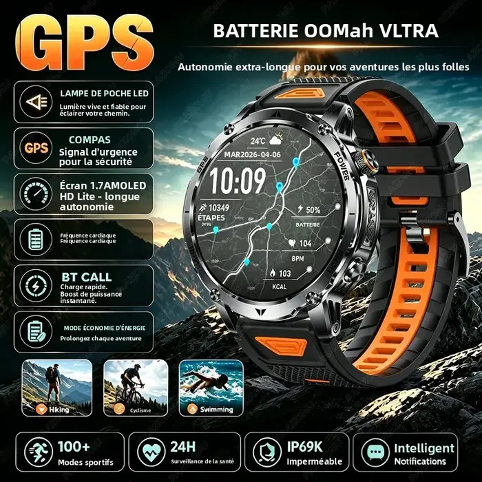 Montre connectée militaire GPS pour hommes, batterie de grande capacité 1100mAh, lampe de poche + boussole SOS, appel Bluetooth, montres de sport étanches 10ATM
