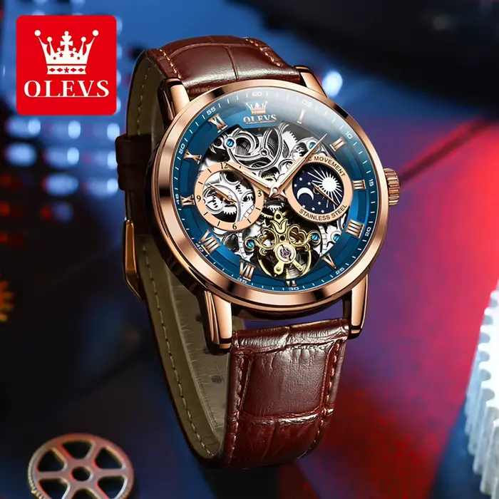 OLEVS Top marque hommes squelette montre mécanique étanche bracelet en cuir