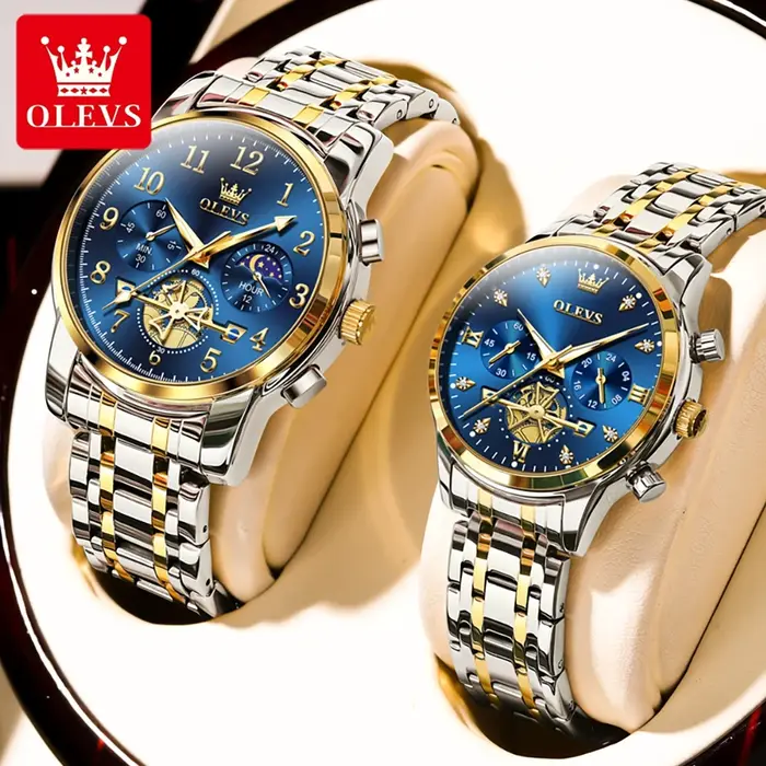 OLEVS marque 2025 nouveau luxe Tourbillon Couple montre à Quartz en acier inoxydable étanche lumineux mode Phase de lune montres amoureux