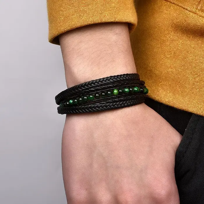 Bracelets classiques en pierre naturelle et cuir microfibre pour hommes