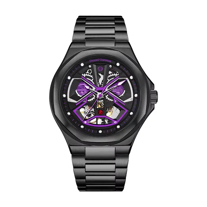 DG Montre automatique de luxe colorée entièrement ajourée, cadran rouge, étanche 5 bars, montre-brac